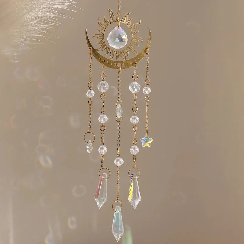 Gold Flame Moon Crystal Pendant Sunlight Catcher Outdoor Garden Decor