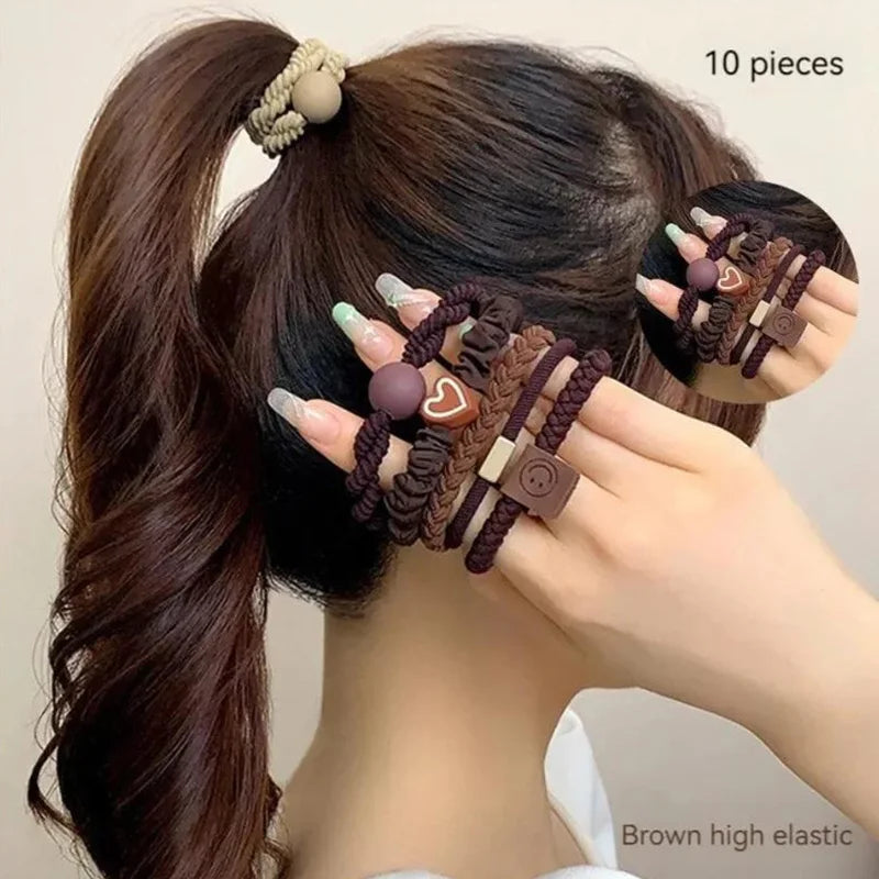 Women's Hair Ring Set - Elastic Leather Ponytail Holders - 10PCS