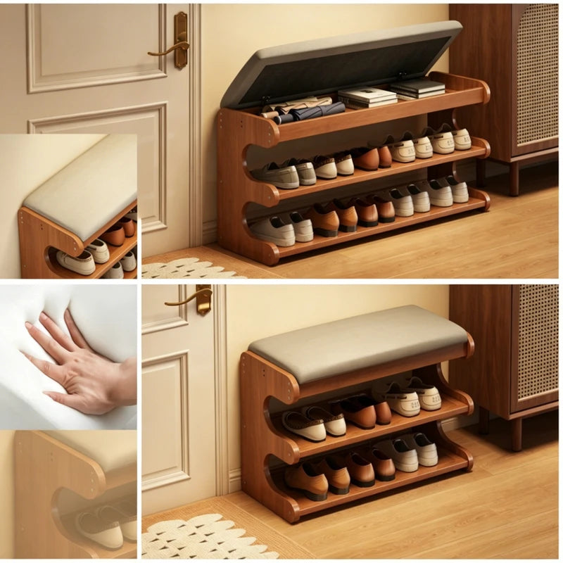 Upholstered Shoe Storage Bench with Flip Top Seat Entryway Organizer