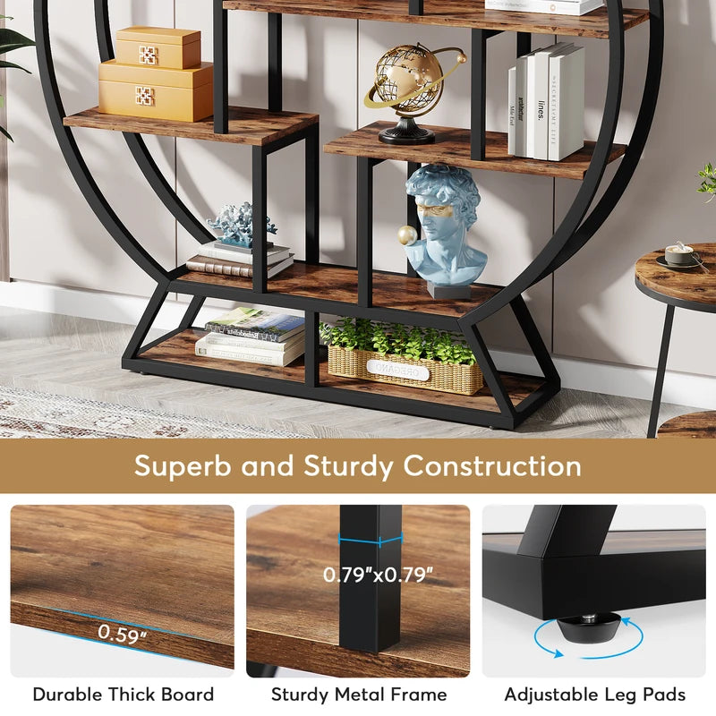 Industrial Round Bookshelf with Staggered Shelves - 63-Inch Wood Bookcase