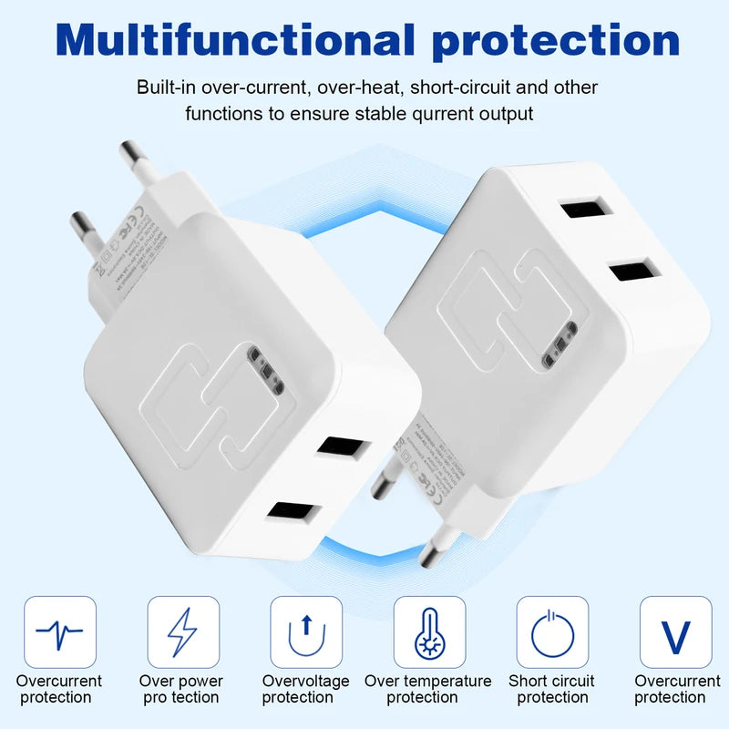 Multi-USB Fast Charger with 2 Ports for iPhone and Galaxy Devices - Color Variants