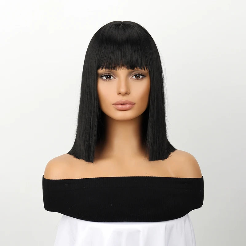 Black Bob Wig with Bangs for Women Short Straight Synthetic Heat-Resistant Wig