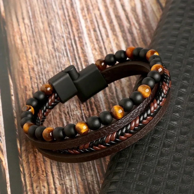Men Leather Multi-Layer Beaded Bracelet with Tiger Eye - Fashion Jewelry Gift