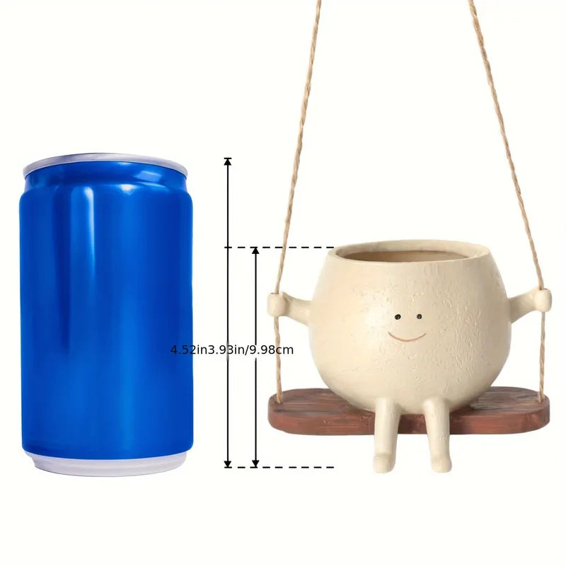 Resin Hanging Planter Pot with Smiling Face Design and Swing Base - Indoor Outdoor Garden Decor