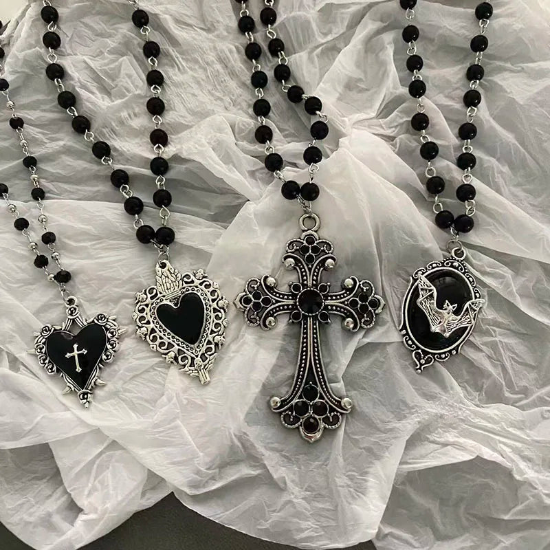 Gothic Bat Cross Pendant Necklace Y2K Personalized Black Bead Stacked Jewelry