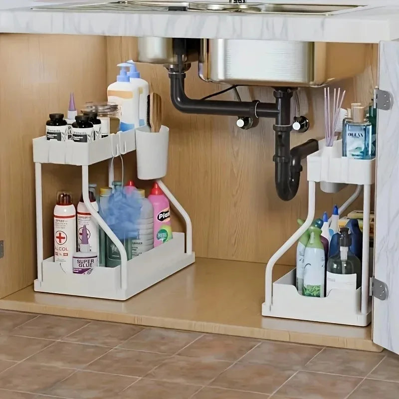 Kitchen Sink Lower Storage Rack Double Pull-Out Countertop Organizer