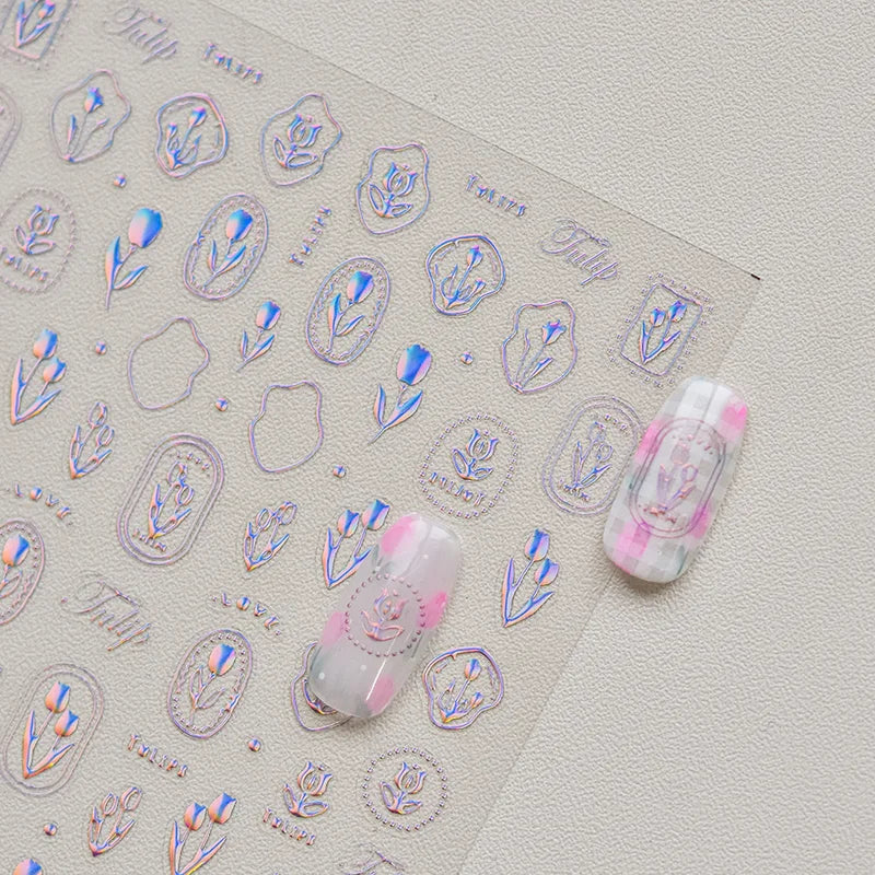 Luxury 5D Floral Nail Art Stickers with Crystals and Metal Frame - Self-Adhesive Manicure Decals