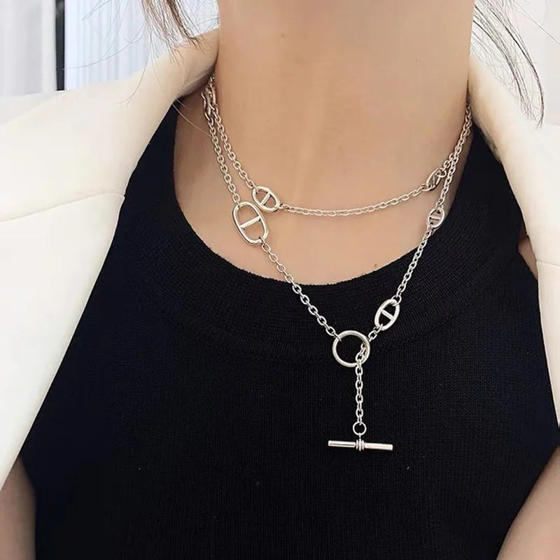 Long Layered Pig Nose Necklace for Women - Elegant Chain Jewelry