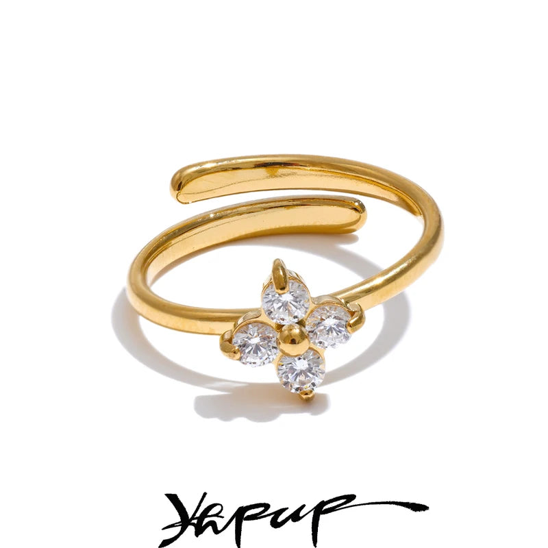 Adjustable Stainless Steel Flower Ring with Cubic Zirconia for Women - Shiny Finger Jewelry