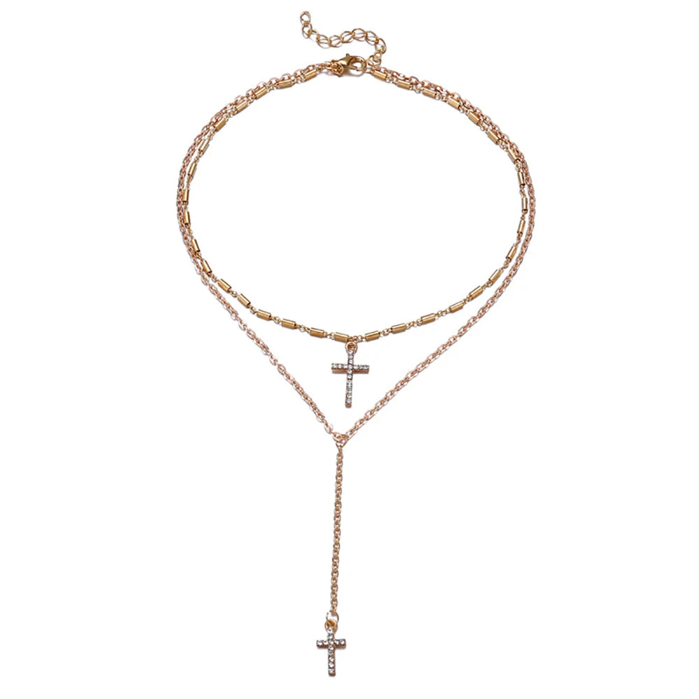 Gold-Plated Crystal Cross Necklace Pendant Double Layered Religious Jewelry