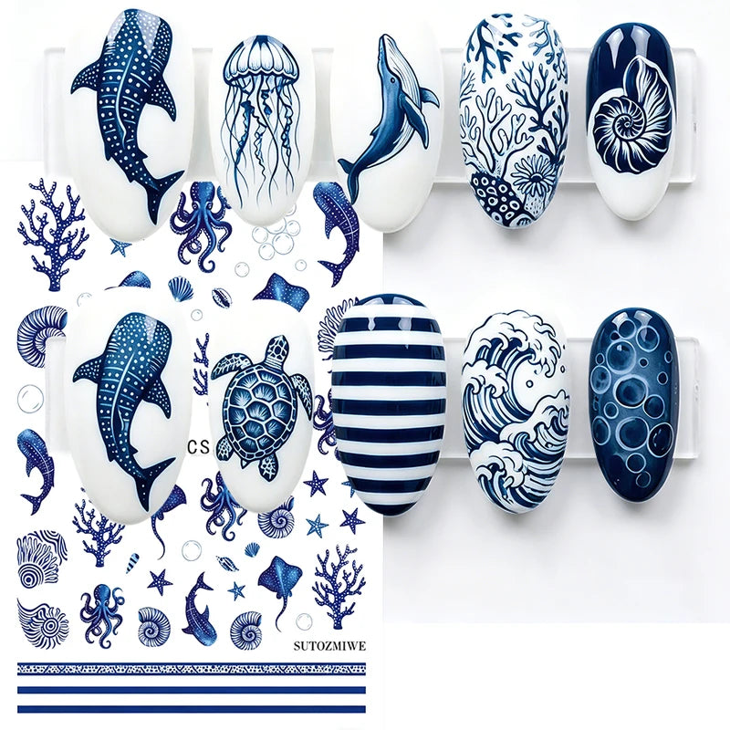 Ocean Nail Art Stickers Set - Whale Octopus Seashells Summer Manicure Decorations