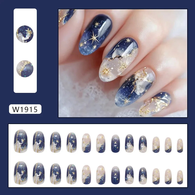 24Pcs Fake Nails Set with Gold Star Pattern - Press On Almond Shape Manicure