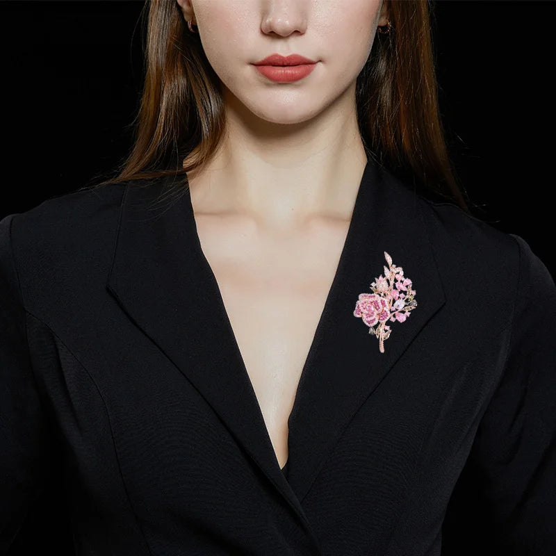 Vintage Rhinestone Rose Brooch Water Drop Crystal Flower Jewelry for Women Lady