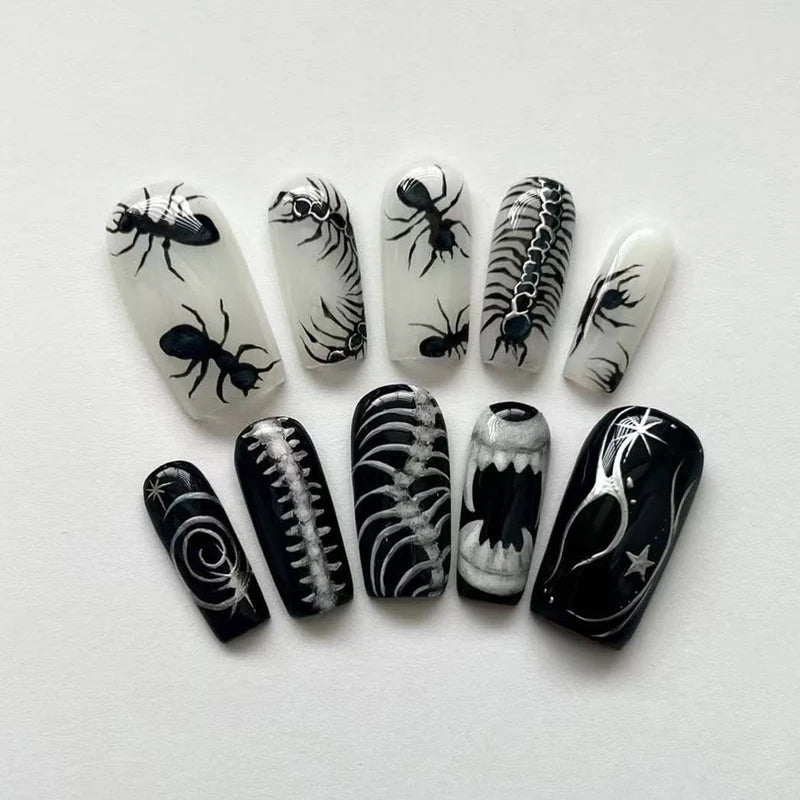 24-Piece Halloween Thriller Style False Nails with Ant Bugs Pattern - Press-On Nail Art Kit