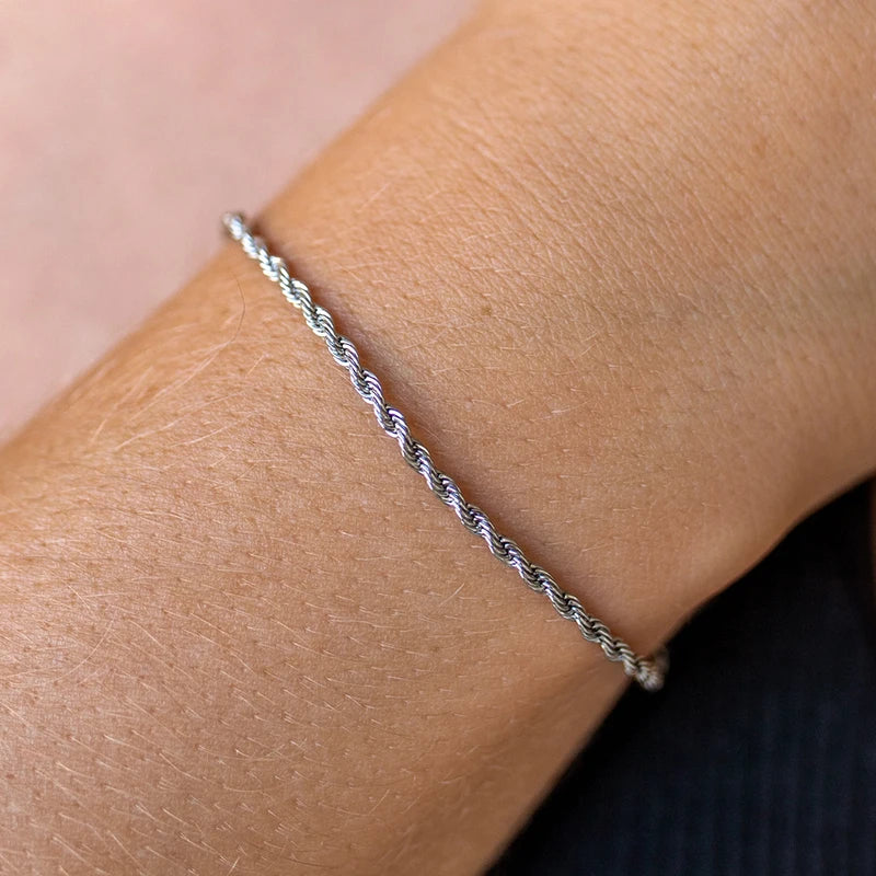Twisted Rope Chain Bracelet for Men & Women Silver Color Stainless Steel Jewelry
