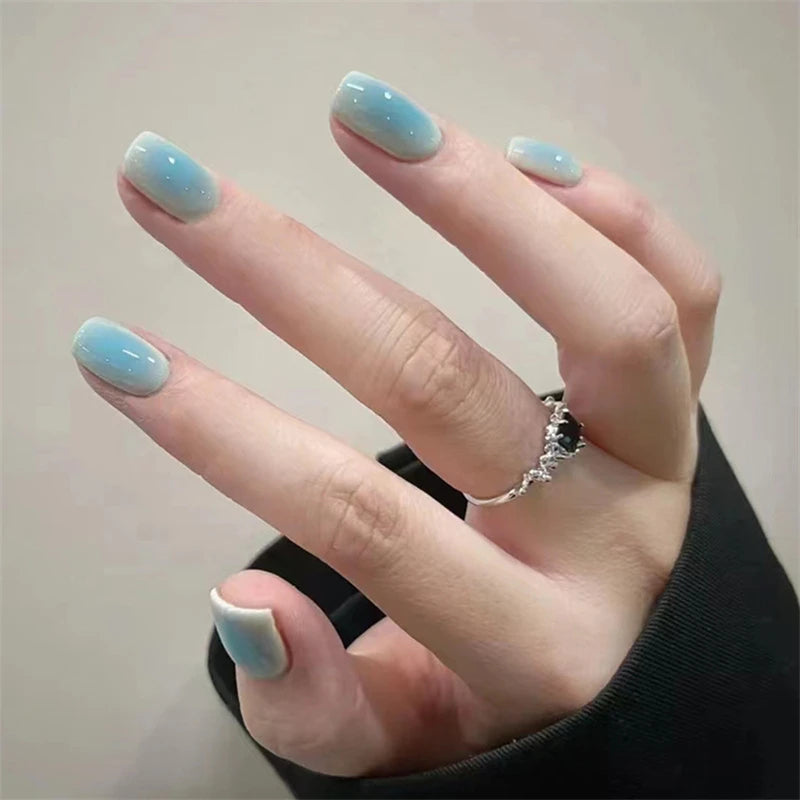 24Pcs Short Coffin Fake Nails with Glue Ink & Halo Dyeing Pattern - Press On Art Tips