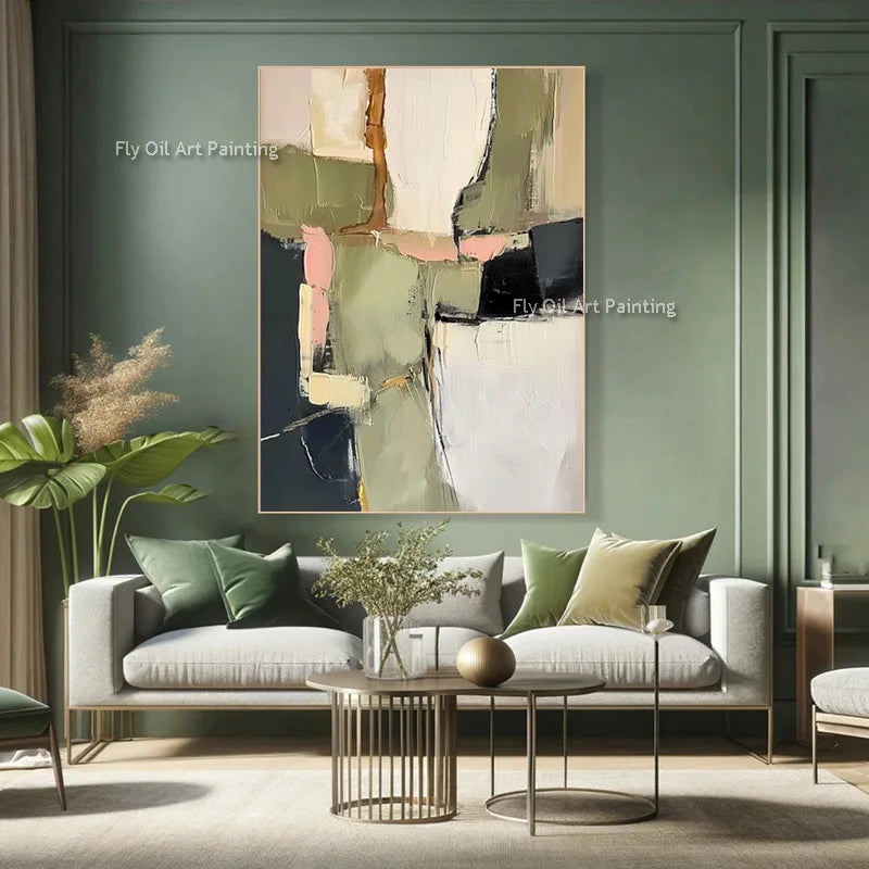 Large Abstract Wall Art Canvas - Thick Texture Grass Green Beige Handmade Oil Painting for Home Decor