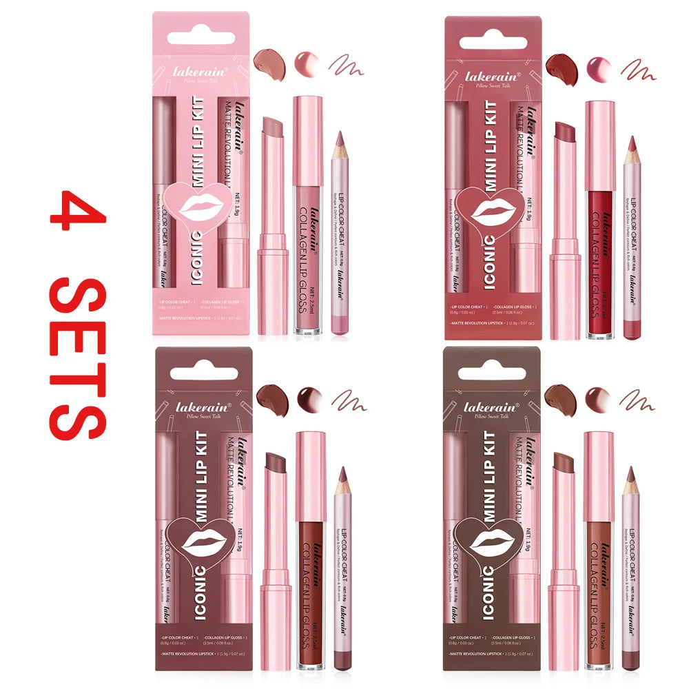 3-Piece Lip Makeup Set with Lip Liner Lip Gloss and Lipstick - Long-Lasting Hydrating Travel Mini Kit