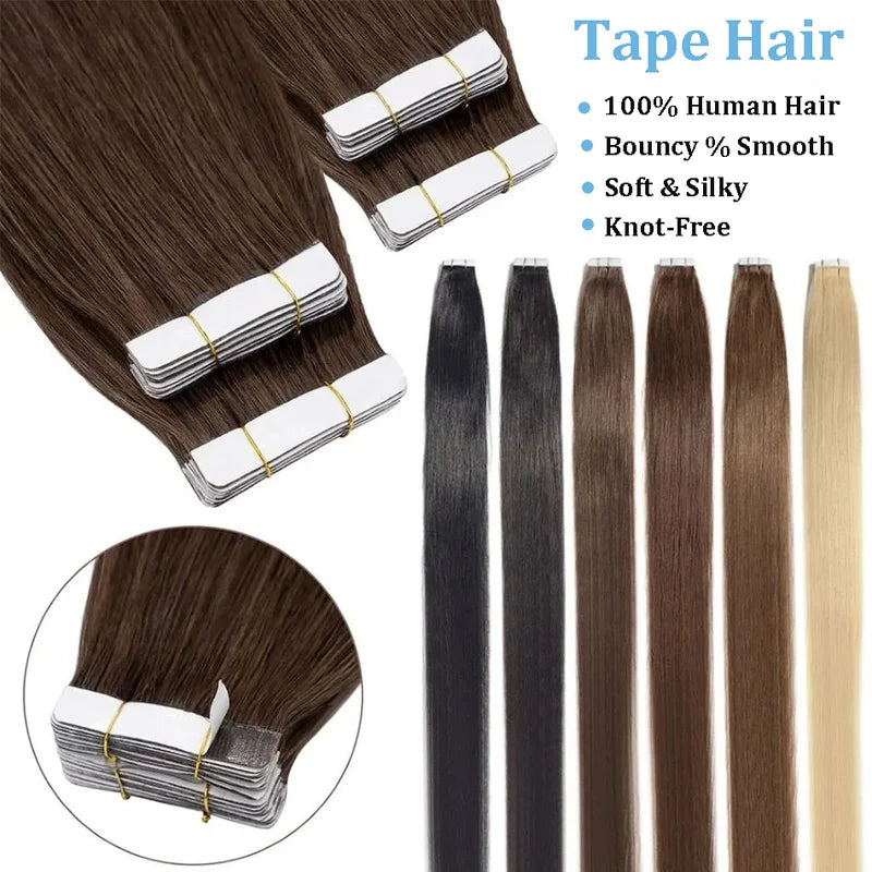 Human Hair Tape-In Extensions - High-Quality Brazilian Straight Hair