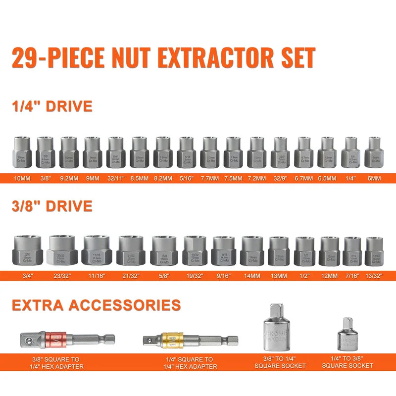 29-Piece Bolt Extractor Set for Rusted Nuts and Bolts - Heavy Duty Steel