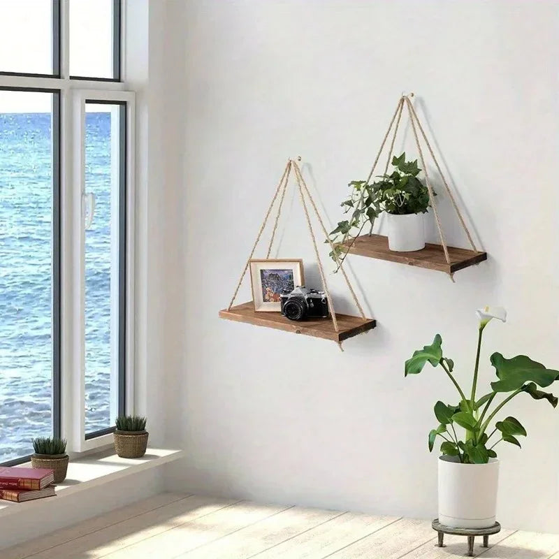 Wooden Hanging Shelf Rope Wall Mount for Plants & Decor - Natural Recycled Wood