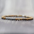 Men's Beaded Stone Bracelet with Elastic Cord - Natural Lava, Tiger Eye, Hematite, Silver Finish