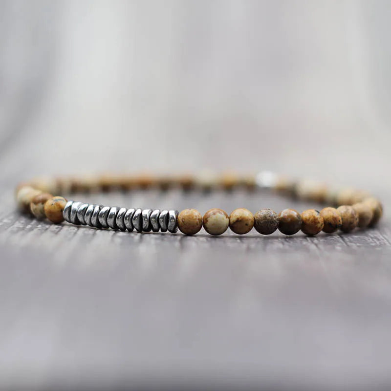 Men's Beaded Stone Bracelet with Elastic Cord - Natural Lava, Tiger Eye, Hematite, Silver Finish
