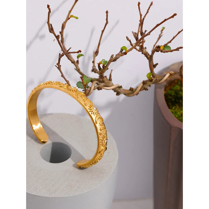 Golden Moon Star Sun Metal Bangle Bracelet for Women - Stylish Open Wrist Accessory