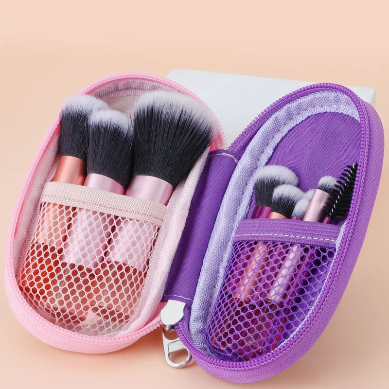 Mini Makeup Brush Set Travel Portable Cosmetic Tool Kit - 10 Pink Handles