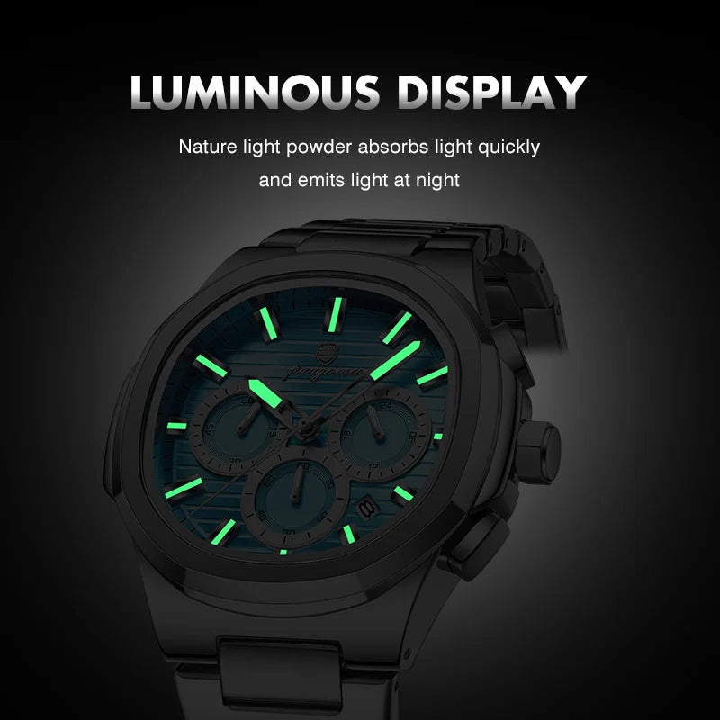 Men's Waterproof Stainless Steel Chronograph Watch with Luminous Dial and Date Function