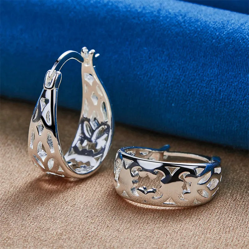 925 Sterling Silver Flower and Leaves Hollow Ear Clips for Women - Elegant Jewelry for Party & Wedding