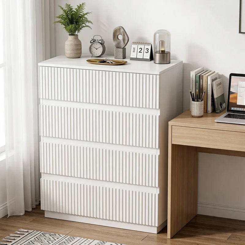 White Fluted 4-Drawer Chest of Drawers - Tall Storage Dresser for Bedroom & Living Room