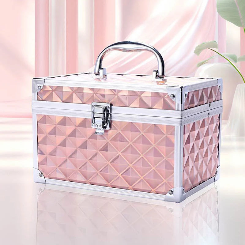 Diamond Patterned Makeup Train Case with Mirror - Double Layer Cosmetic Organizer for Sponges and Skincare