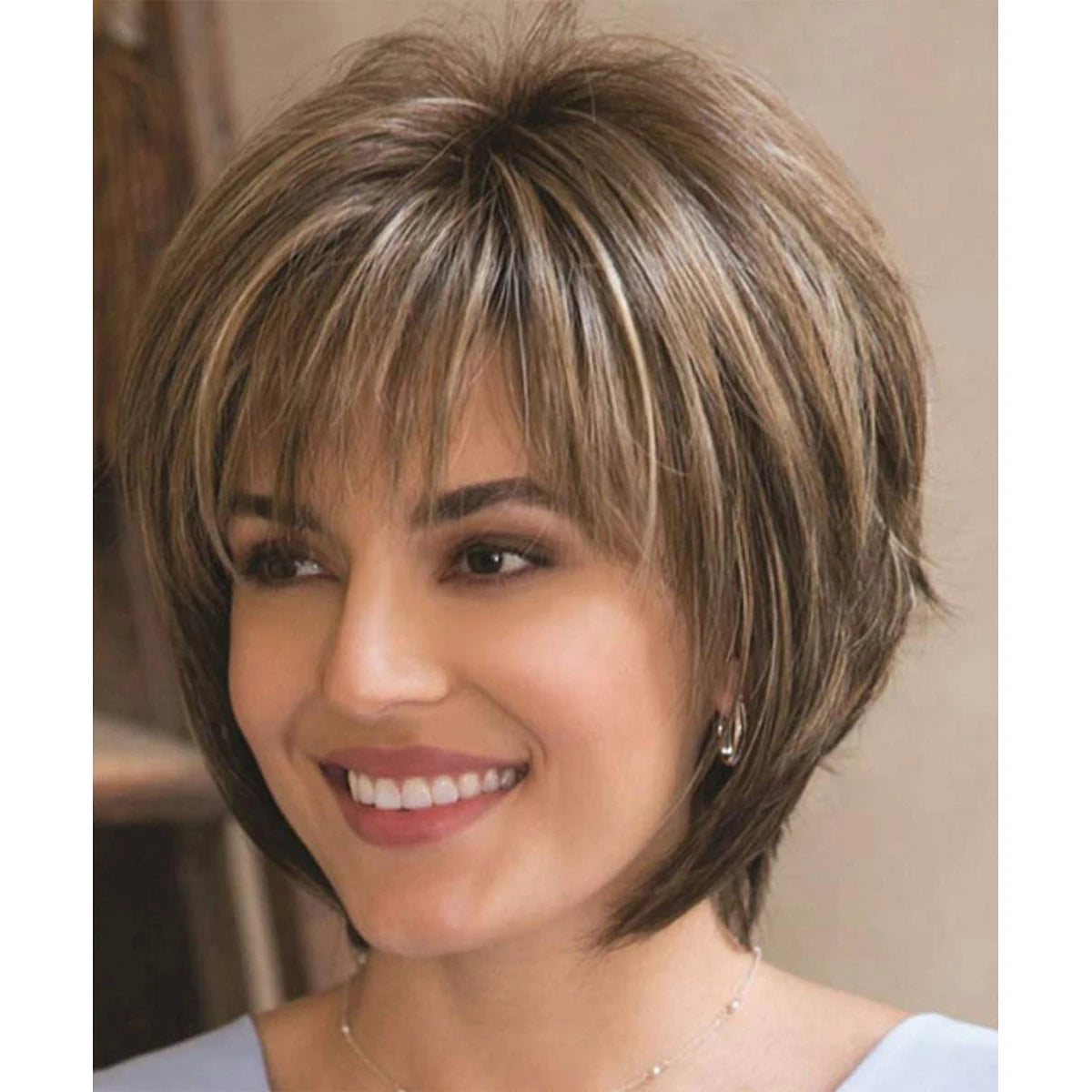Brown Short Layered Pixie Wig for White Women Blonde Highlights Synthetic Hair