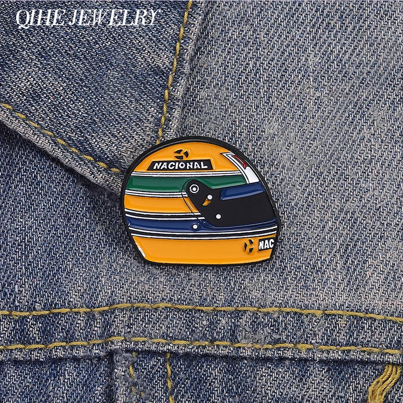 Racing Helmet Enamel Lapel Pin - Aryton Senna Motorsport Brooch Gift