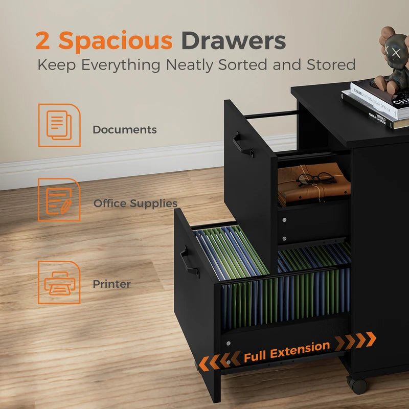 Rolling Wood Filing Cabinet with Lockable Wheels and 2 Drawers for Home Office