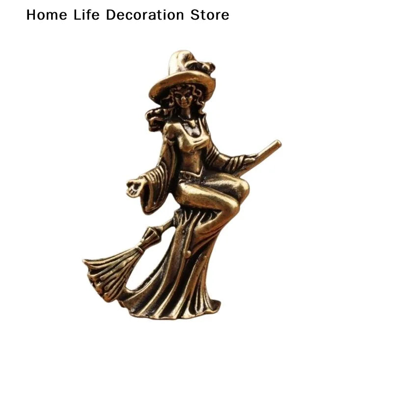 Miniature Brass Witch Ornament for Home Decor, Halloween Magic Theme