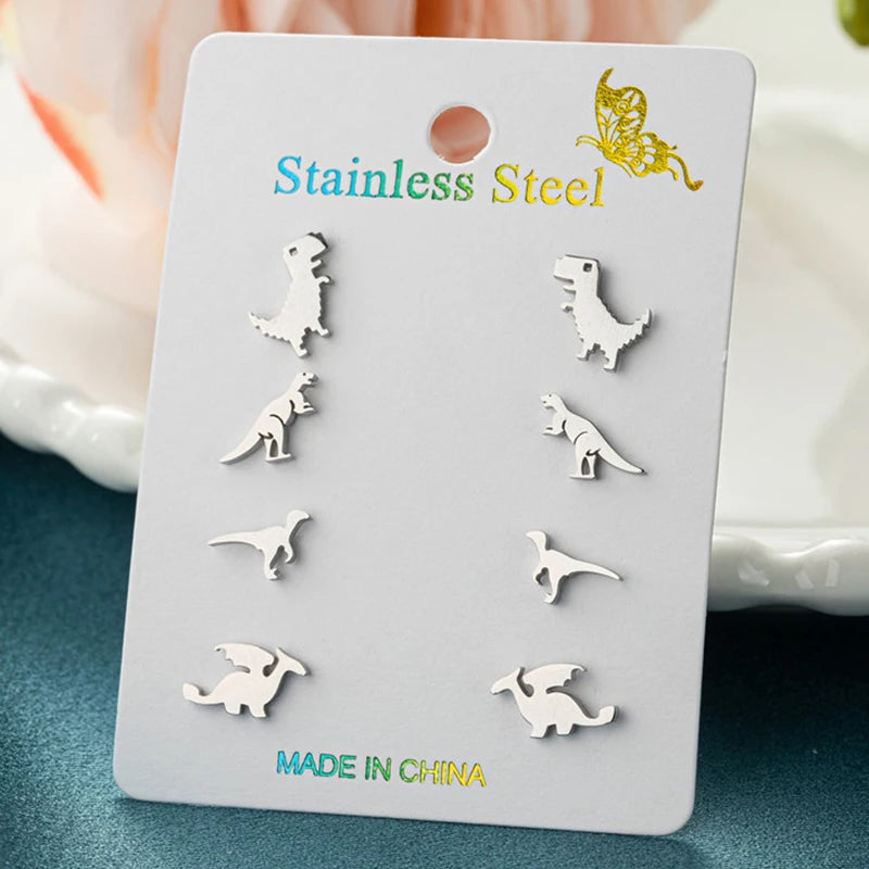 Tiny Dinosaur Earrings Set - 4 Pairs Stainless Steel Cartoon T-Rex Jewelry for Girls and Parties