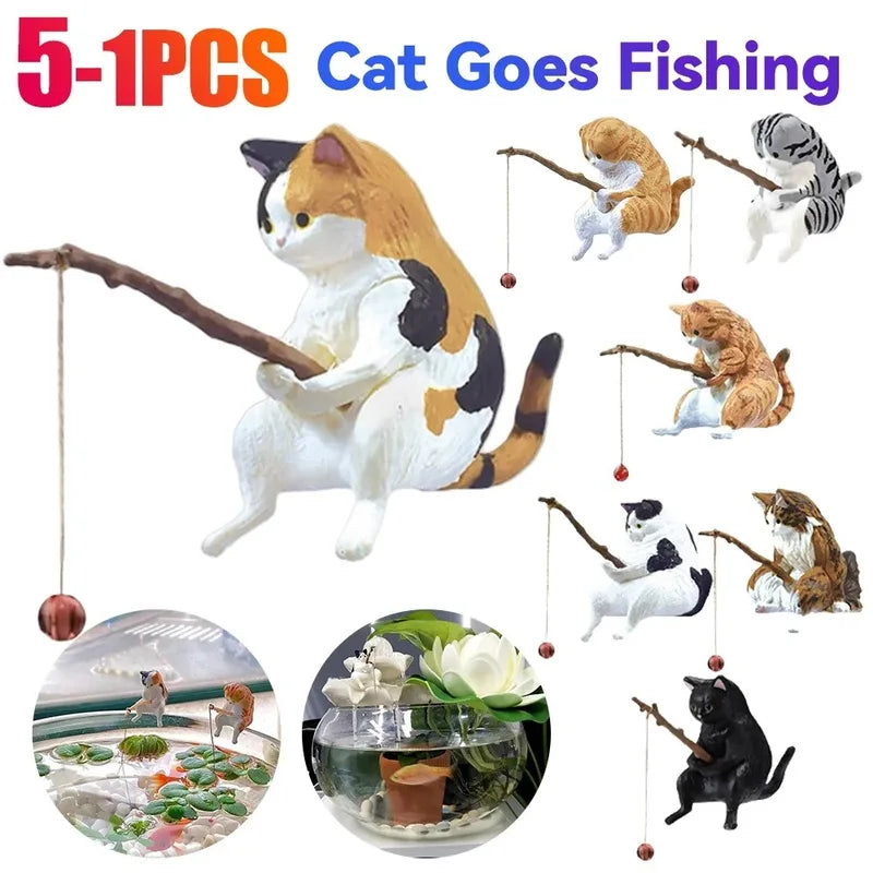 Fishing Cat Aquarium Decor Set - Cute Fish Tank Landscape Ornament - 1-5 Pieces