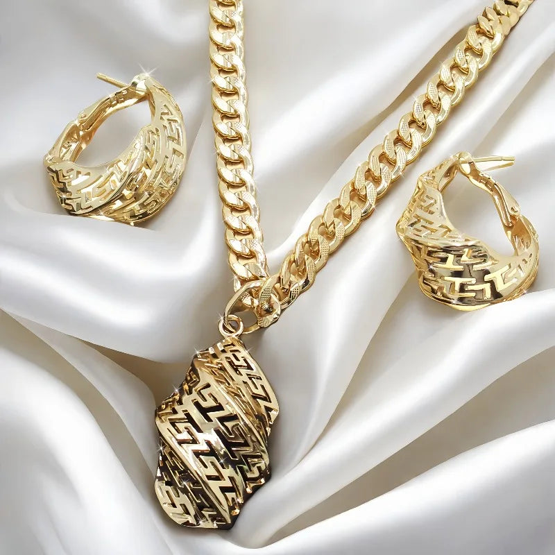 Gold Necklace Jewelry Set for Women Hollow Pendant Earrings Wedding Gift