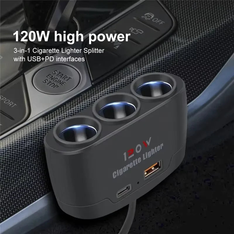 120W Car Cigarette Lighter Splitter with Dual USB Fast Charger 12V 24V