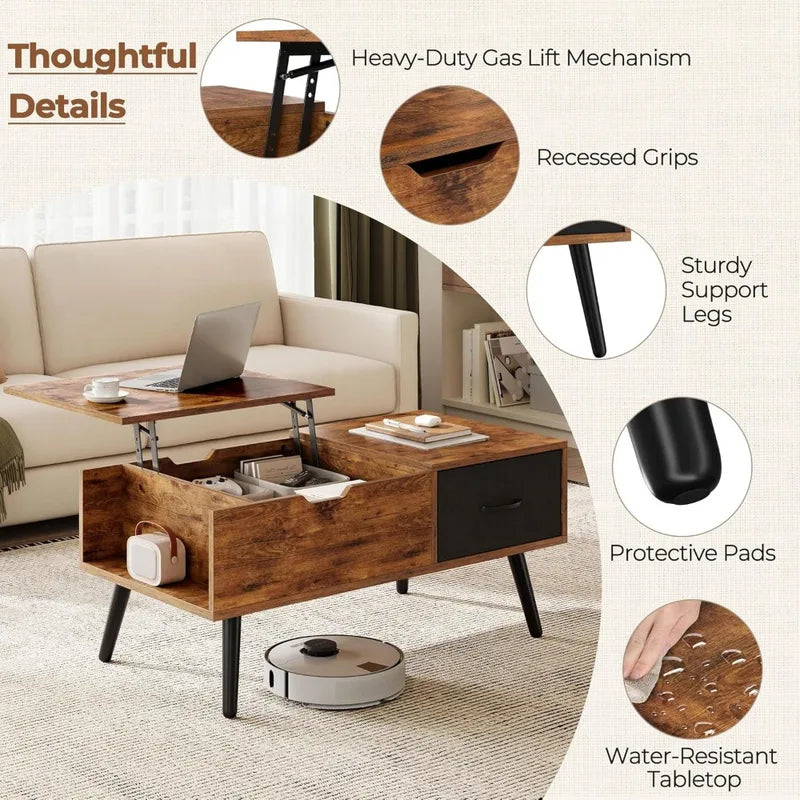Lift Top Coffee Table with Hidden Storage and Shelf - Modern Home & Office