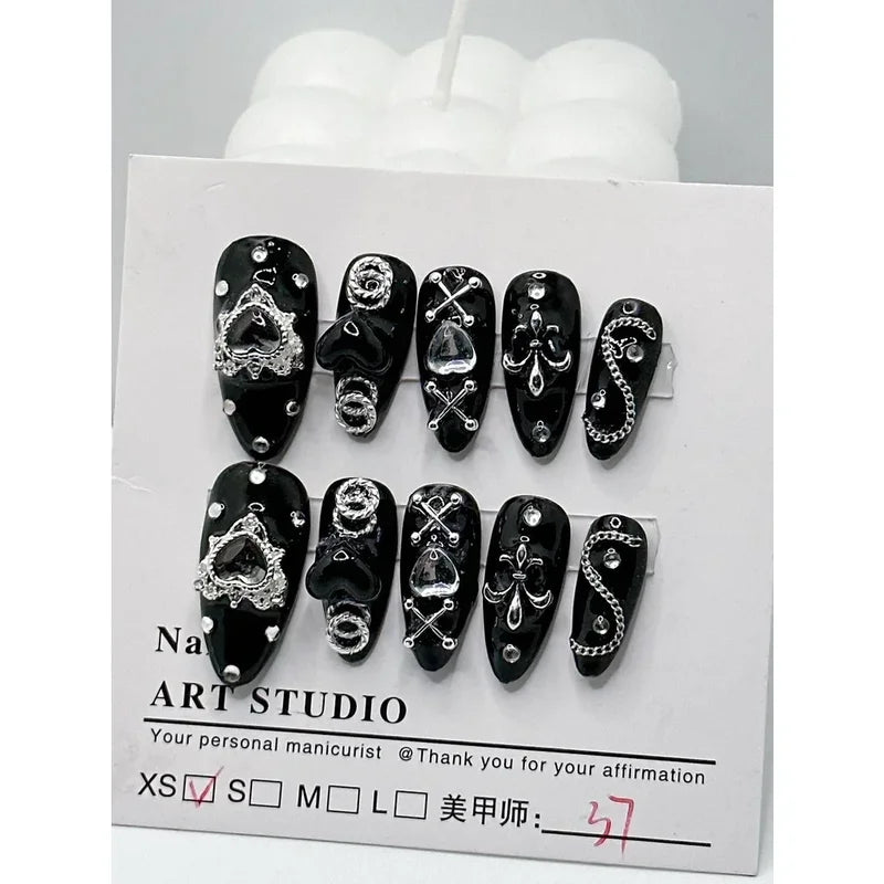10 Pieces Handmade Dark Mine Series Fake Nail Sets for Dark Spicy Girl Style Nail Art