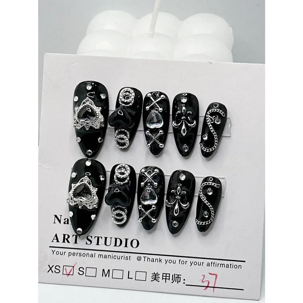 10 Pieces Handmade Dark Mine Series Fake Nail Sets for Dark Spicy Girl Style Nail Art