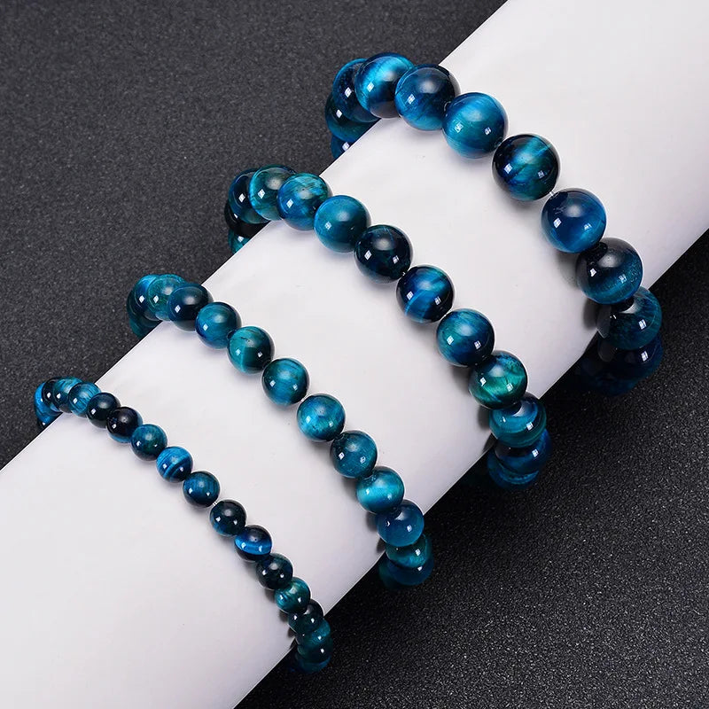 Minimalist Blue Tiger Eye Stone Beaded Bracelet Natural Round Beads Jewelry