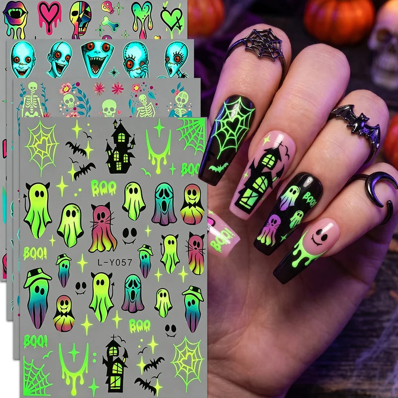 4-Pack Halloween Night Light Nail Stickers Ghost Skull Pumpkin Fun Nail Art