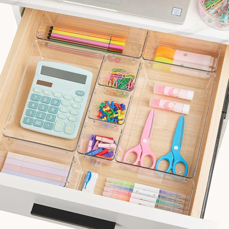 Clear Plastic Drawer Organizers Set - Multi-Purpose Storage Containers for Bathroom, Makeup, Kitchen, and Office
