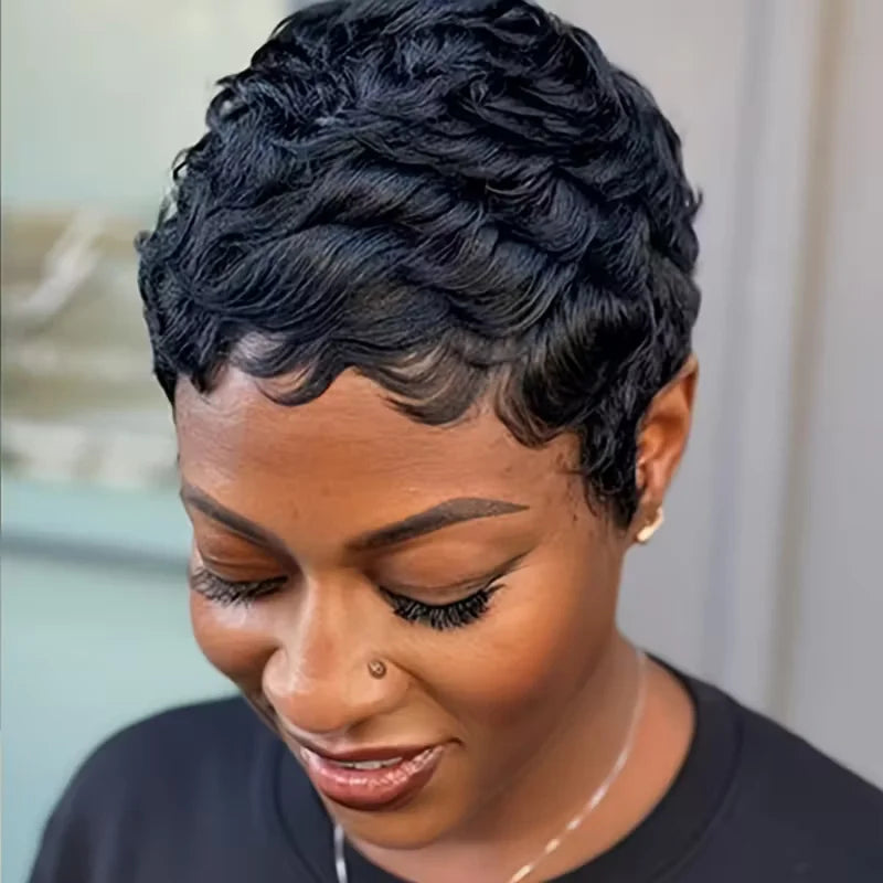 Natural Look Human Hair Pixie Cut Wig with Bangs - Full Machine Wig