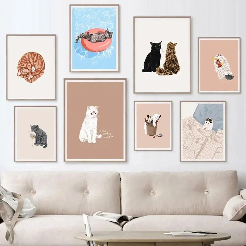 Funny Cat Champagne Wall Art Canvas Poster for Living Room Home Decor