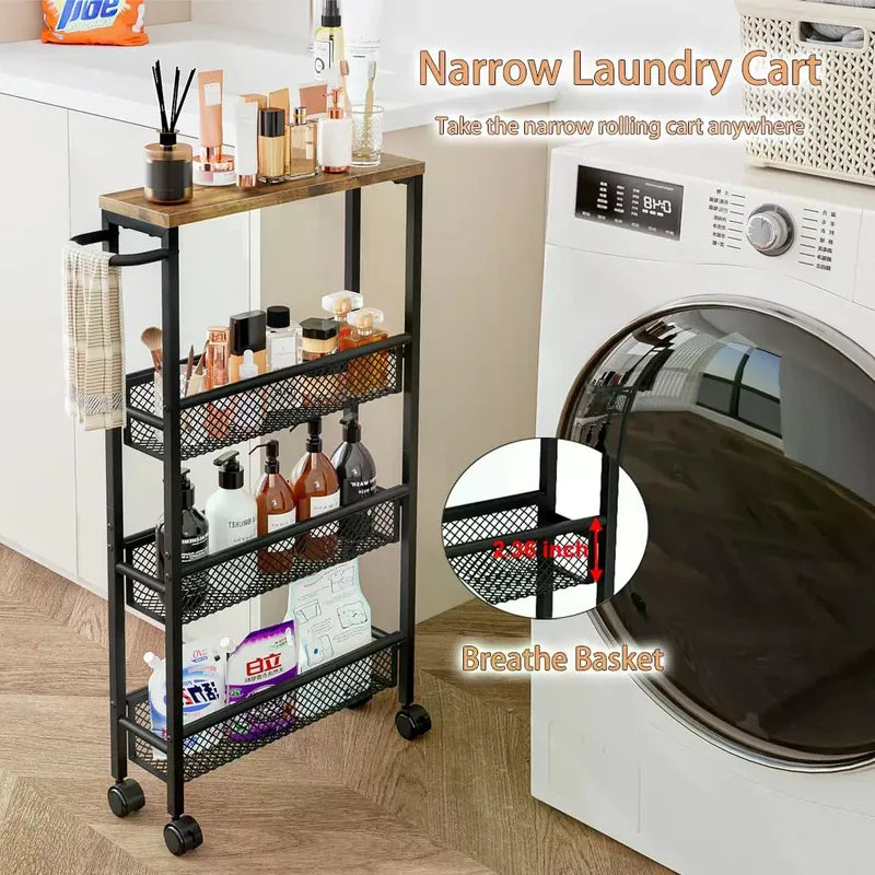 Slim Narrow Rolling Cart with 4 Tiers and Metal Handle for Small Space Storage
